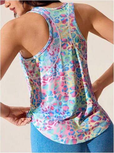 SHENHE Women's Workout Tank Top Leopard Print Racerback Mesh Yoga Shirt Athletic Gym Running Top in Kuwait