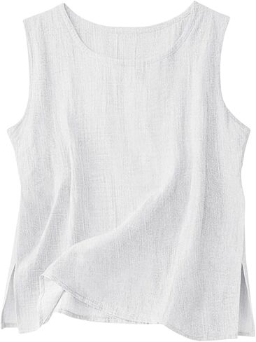 Cotton Linen Tank Tops for Women Crewneck Sleeveless Gauze Shirts Side Slit Cami Tunics Lightweight Summer Beach in Kuwait