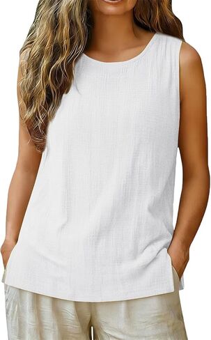 Cotton Linen Tank Tops for Women Crewneck Sleeveless Gauze Shirts Side Slit Cami Tunics Lightweight Summer Beach in Kuwait
