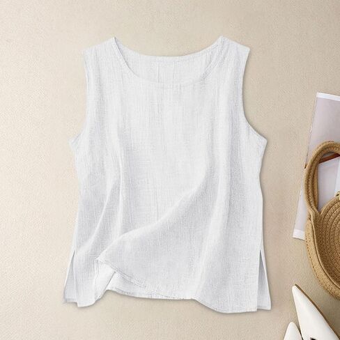 Cotton Linen Tank Tops for Women Crewneck Sleeveless Gauze Shirts Side Slit Cami Tunics Lightweight Summer Beach in Kuwait