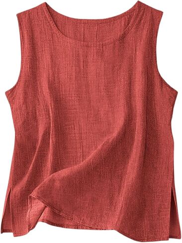 Cotton Linen Tank Tops for Women Crewneck Sleeveless Gauze Shirts Side Slit Cami Tunics Lightweight Summer Beach in Kuwait