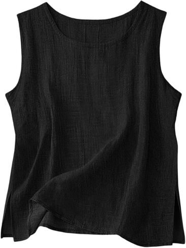 Cotton Linen Tank Tops for Women Crewneck Sleeveless Gauze Shirts Side Slit Cami Tunics Lightweight Summer Beach in Kuwait