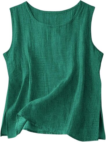 Cotton Linen Tank Tops for Women Crewneck Sleeveless Gauze Shirts Side Slit Cami Tunics Lightweight Summer Beach in Kuwait