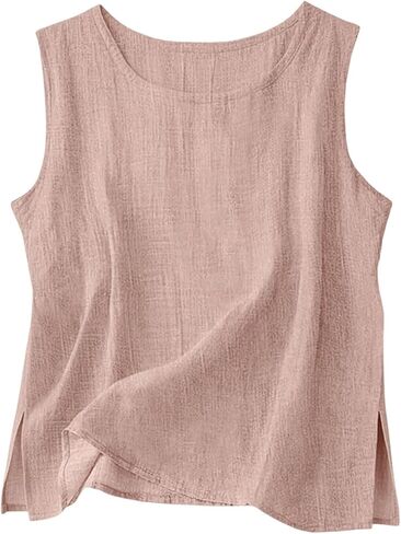 Cotton Linen Tank Tops for Women Crewneck Sleeveless Gauze Shirts Side Slit Cami Tunics Lightweight Summer Beach in Kuwait