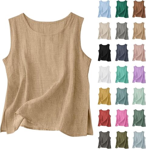 Cotton Linen Tank Tops for Women Crewneck Sleeveless Gauze Shirts Side Slit Cami Tunics Lightweight Summer Beach in Kuwait