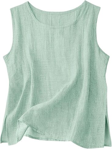 Cotton Linen Tank Tops for Women Crewneck Sleeveless Gauze Shirts Side Slit Cami Tunics Lightweight Summer Beach in Kuwait