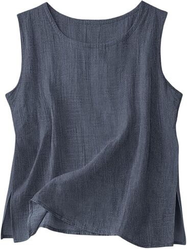 Cotton Linen Tank Tops for Women Crewneck Sleeveless Gauze Shirts Side Slit Cami Tunics Lightweight Summer Beach in Kuwait