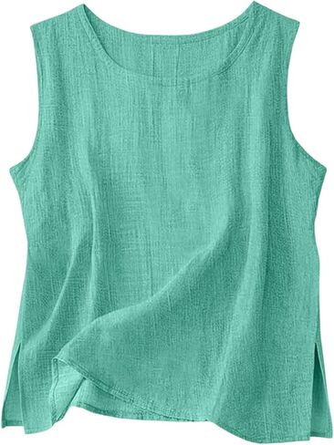 Cotton Linen Tank Tops for Women Crewneck Sleeveless Gauze Shirts Side Slit Cami Tunics Lightweight Summer Beach in Kuwait