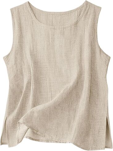 Cotton Linen Tank Tops for Women Crewneck Sleeveless Gauze Shirts Side Slit Cami Tunics Lightweight Summer Beach in Kuwait