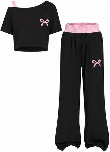 Girls 2 Piece Outfits Letter Print Short Sleeve Top and Wide Leg Pants Tween Girls Clothes Set, Size 7-14 Years in Kuwait