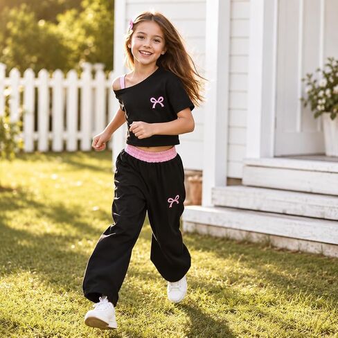 Girls 2 Piece Outfits Letter Print Short Sleeve Top and Wide Leg Pants Tween Girls Clothes Set, Size 7-14 Years in Saudi Arabia