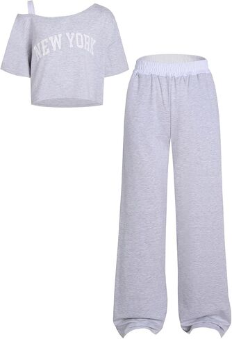 Girls 2 Piece Outfits Letter Print Short Sleeve Top and Wide Leg Pants Tween Girls Clothes Set, Size 7-14 Years in Saudi Arabia