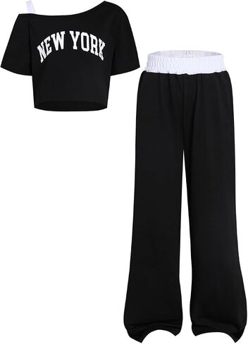 Girls 2 Piece Outfits Letter Print Short Sleeve Top and Wide Leg Pants Tween Girls Clothes Set, Size 7-14 Years in Saudi Arabia