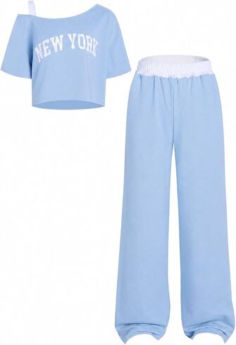 Girls 2 Piece Outfits Letter Print Short Sleeve Top and Wide Leg Pants Tween Girls Clothes Set, Size 7-14 Years in Saudi Arabia