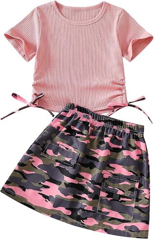 Girls' 2-Piece Skirt Set Round Neck Drawstring Double Cropped T-Shirts and Camouflage Skirt Outfits in Saudi Arabia