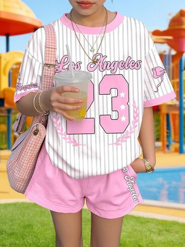 Girls 2-Piece Summer Outfits, Pink and White Striped Tee with 23 Print and Matching Pink Shorts for Teens Girl 13-16 Years in Kuwait