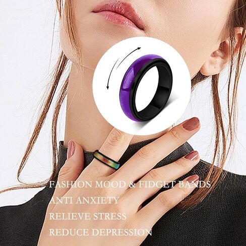 Mood Fidget Ring for Women Teens - 6mm Stainless Steel Temperature Sensative Color Changing Spin Rings for Anxiety Relief Mood Jewelry in Saudi Arabia