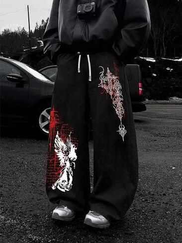 Mens Y2K Graphic Sweatpants with Pockets & Drawstring - Wide Leg Lounge Sweat Pants for Running Track Yoga Joggers in Kuwait