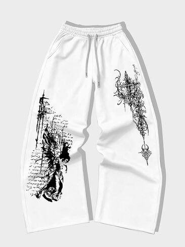 Mens Y2K Graphic Sweatpants with Pockets & Drawstring - Wide Leg Lounge Sweat Pants for Running Track Yoga Joggers in Kuwait