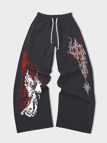 Mens Y2K Graphic Sweatpants with Pockets & Drawstring - Wide Leg Lounge Sweat Pants for Running Track Yoga Joggers in Kuwait