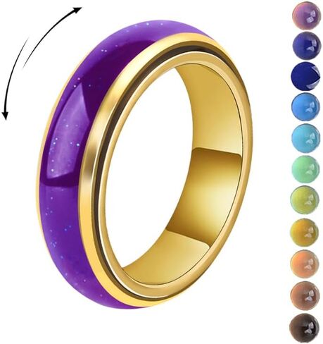 Mood Fidget Ring for Women Teens - 6mm Stainless Steel Temperature Sensative Color Changing Spin Rings for Anxiety Relief Mood Jewelry in Saudi Arabia