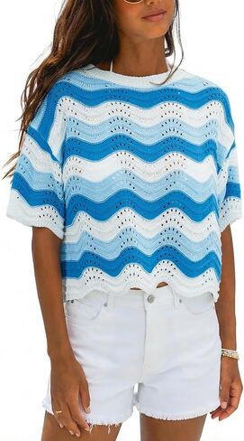 CUPSHE Women's Crochet Cover Up Top Striped Short Sleeve Beach Cover Up Top Summer Casual Tops for Swimwear in Kuwait