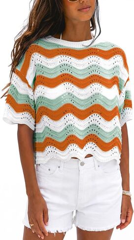 CUPSHE Women's Crochet Cover Up Top Striped Short Sleeve Beach Cover Up Top Summer Casual Tops for Swimwear in Kuwait