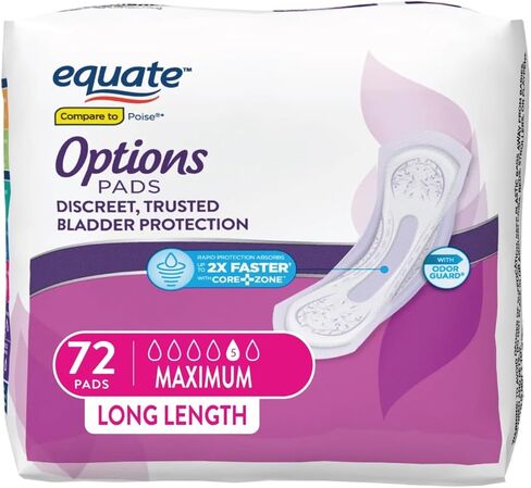 Equate Options Women's Incontinence Pads Maximum Absorbency Long Length, Bladder Leak Protection Pads for Women with Odor Control and Rapid Absorb Core, Discreet Comfortable Fit, 72 Count in Kuwait