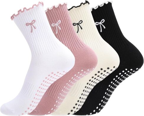 4 Pairs Cute Pilates Socks, Soft Cotton Bow Ruffle Yoga Socks for Women, Grippy Crew Socks for Fitness, Ballet Bar Work & Dance in Kuwait