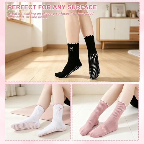 4 Pairs Cute Pilates Socks, Soft Cotton Bow Ruffle Yoga Socks for Women, Grippy Crew Socks for Fitness, Ballet Bar Work & Dance in Kuwait