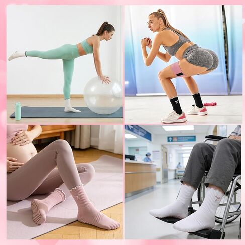 4 Pairs Cute Pilates Socks, Soft Cotton Bow Ruffle Yoga Socks for Women, Grippy Crew Socks for Fitness, Ballet Bar Work & Dance in Kuwait