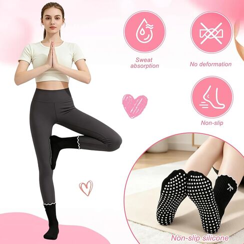 4 Pairs Cute Pilates Socks, Soft Cotton Bow Ruffle Yoga Socks for Women, Grippy Crew Socks for Fitness, Ballet Bar Work & Dance in Kuwait