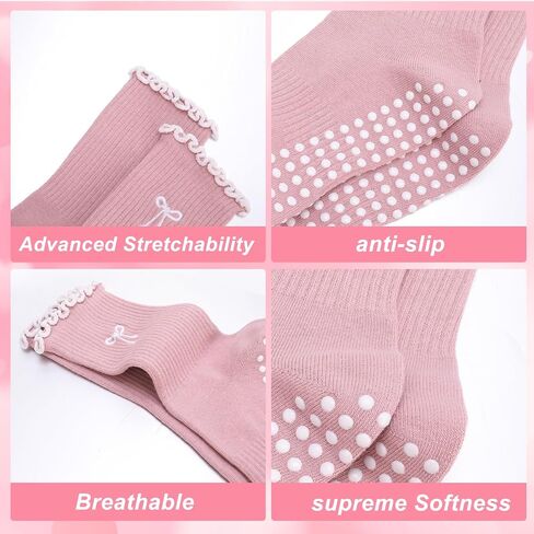 4 Pairs Cute Pilates Socks, Soft Cotton Bow Ruffle Yoga Socks for Women, Grippy Crew Socks for Fitness, Ballet Bar Work & Dance in Kuwait