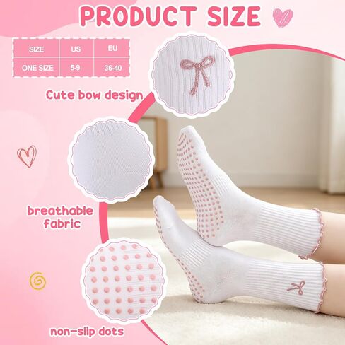 4 Pairs Cute Pilates Socks, Soft Cotton Bow Ruffle Yoga Socks for Women, Grippy Crew Socks for Fitness, Ballet Bar Work & Dance in Kuwait