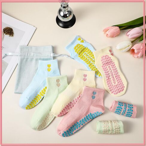 4 Pairs Pilates Ankle Socks for Women Yoga Non Slip Socks with Love Heart for Barre yoga Gym Workouts and Dance Training in Kuwait