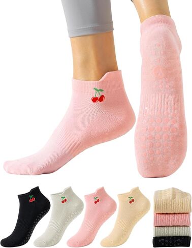 Yawlsow 4 Pairs Pilates Socks with Grip for Women, Non Slip Yoga Cute Cherry Ankle Socks for Barre Hospital Barefoot Workout in Kuwait