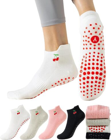 Yawlsow 4 Pairs Pilates Socks with Grip for Women, Non Slip Yoga Cute Cherry Ankle Socks for Barre Hospital Barefoot Workout in Saudi Arabia