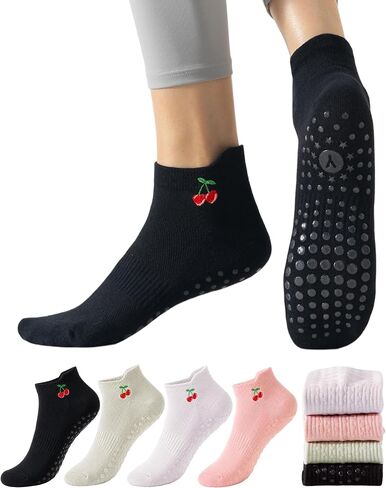 Yawlsow 4 Pairs Pilates Socks with Grip for Women, Non Slip Yoga Cute Cherry Ankle Socks for Barre Hospital Barefoot Workout in Saudi Arabia