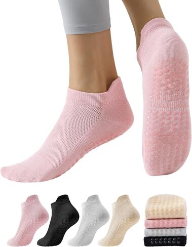 Yawlsow 4 Pairs Pilates Socks with Grip for Women, Non Slip Yoga Cute Cherry Ankle Socks for Barre Hospital Barefoot Workout in Saudi Arabia