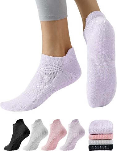 Yawlsow 4 Pairs Pilates Socks with Grip for Women, Non Slip Yoga Cute Cherry Ankle Socks for Barre Hospital Barefoot Workout in Saudi Arabia