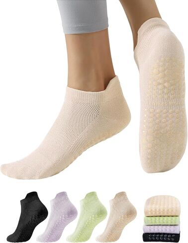 Yawlsow 4 Pairs Pilates Socks with Grip for Women, Non Slip Yoga Cute Cherry Ankle Socks for Barre Hospital Barefoot Workout in Saudi Arabia