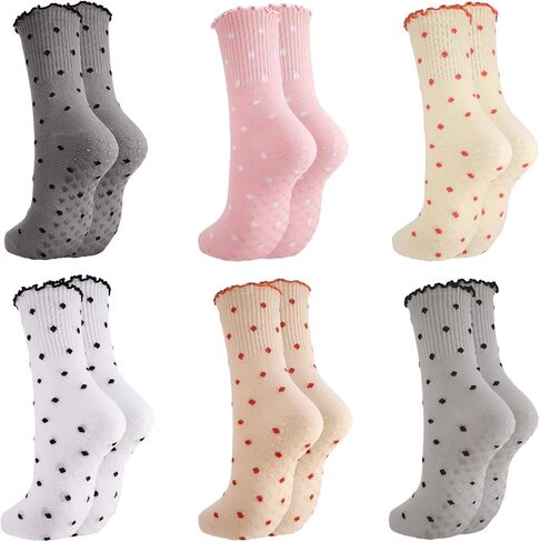 6 Pairs Women's Polka Dot Ruffle Pilates Socks Soft Non-Slip Barre Socks with Cute Lace Trim, Yoga Sock for Daily Wear Dance in Kuwait