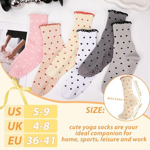 6 Pairs Women's Polka Dot Ruffle Pilates Socks Soft Non-Slip Barre Socks with Cute Lace Trim, Yoga Sock for Daily Wear Dance in Kuwait