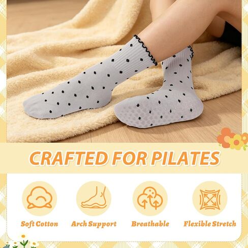 6 Pairs Women's Polka Dot Ruffle Pilates Socks Soft Non-Slip Barre Socks with Cute Lace Trim, Yoga Sock for Daily Wear Dance in Kuwait