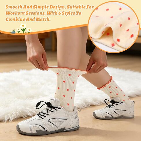 6 Pairs Women's Polka Dot Ruffle Pilates Socks Soft Non-Slip Barre Socks with Cute Lace Trim, Yoga Sock for Daily Wear Dance in Kuwait