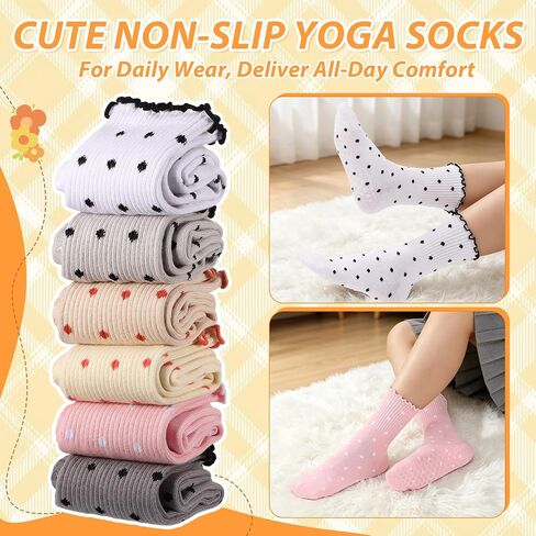 6 Pairs Women's Polka Dot Ruffle Pilates Socks Soft Non-Slip Barre Socks with Cute Lace Trim, Yoga Sock for Daily Wear Dance in Kuwait