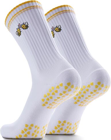 Non-Slip Pilates Grip Socks for Women - Embroidery Crew Sock with Sticky Sole, Ideal for Yoga, Workout, & Barre in Kuwait