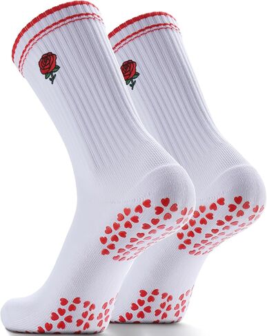 Non-Slip Pilates Grip Socks for Women - Embroidery Crew Sock with Sticky Sole, Ideal for Yoga, Workout, & Barre in Kuwait