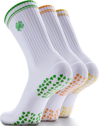 Non-Slip Pilates Grip Socks for Women - Embroidery Crew Sock with Sticky Sole, Ideal for Yoga, Workout, & Barre in Kuwait