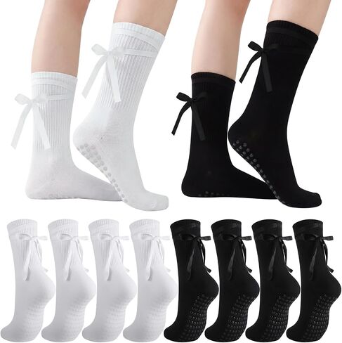 4 Pairs Ballet Tie Non-slip Socks for Women Grippy Yoga Crew Sock Tie-up Yoga Pilates Socks for Barre Dance Workout House in Kuwait